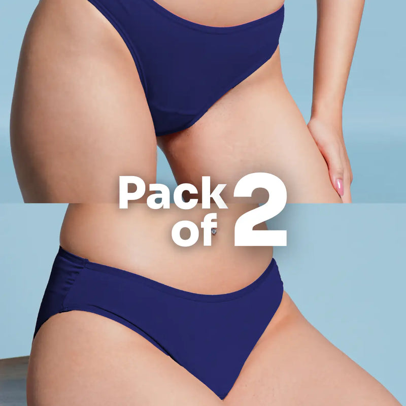 Two pairs of blue underwear on a person against a light blue background with 'Pack of 2' text.