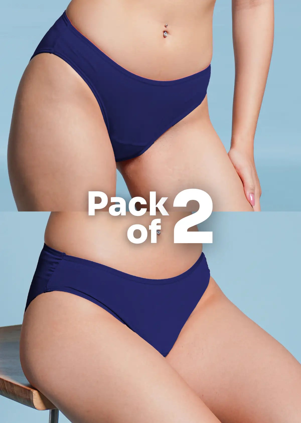 Two pairs of blue underwear on a person against a light blue background with 'Pack of 2' text.