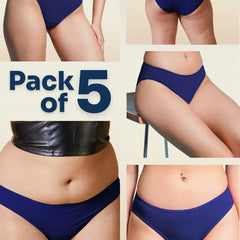 Collage of blue underwear with 'Pack of 5' text on a beige background