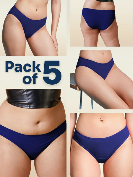 Collage of blue underwear with 'Pack of 5' text on a beige background