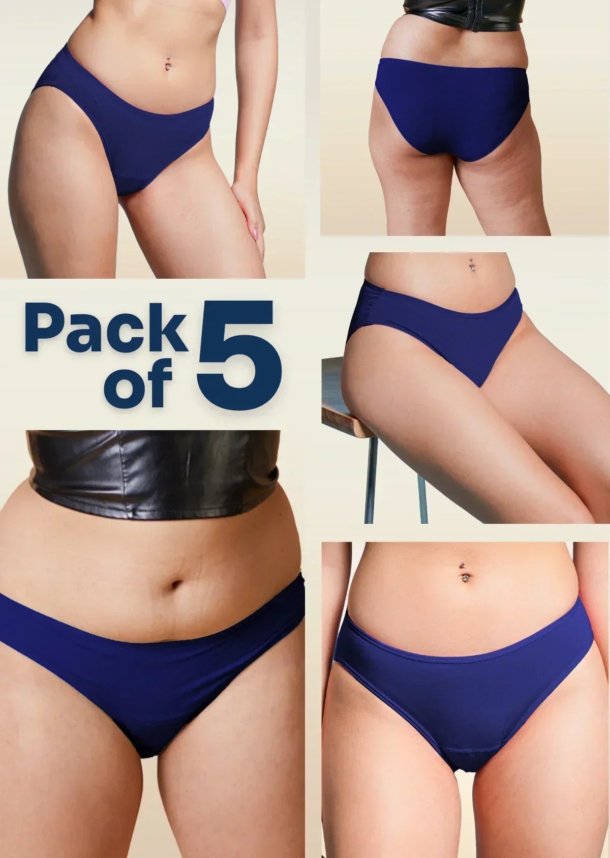 Collage of blue underwear with 'Pack of 5' text on a beige background