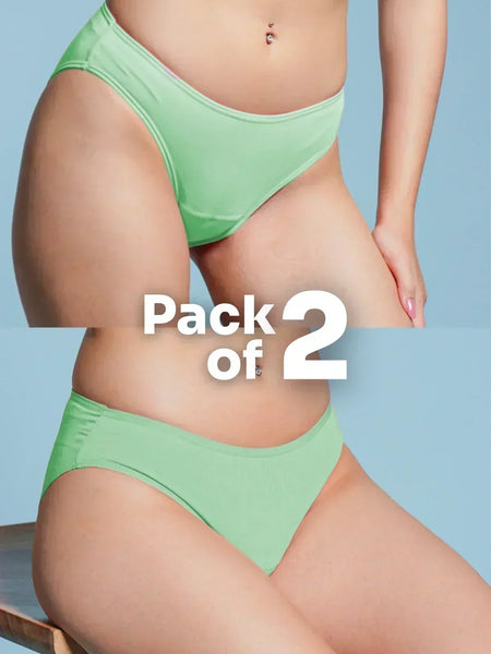 Person wearing green underwear with 'Pack of 2' text on a blue background