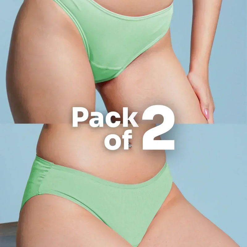 Person wearing green underwear with 'Pack of 2' text on a blue background