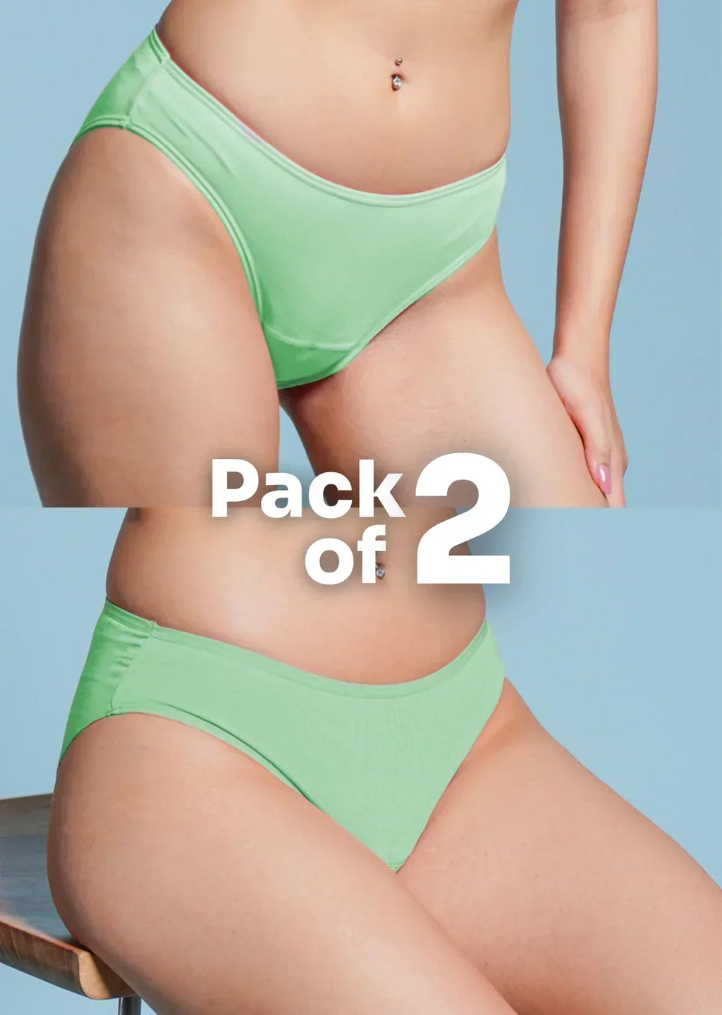 Person wearing green underwear with 'Pack of 2' text on a blue background