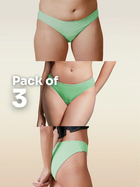 Green underwear with 'Pack of 3' text on a beige background