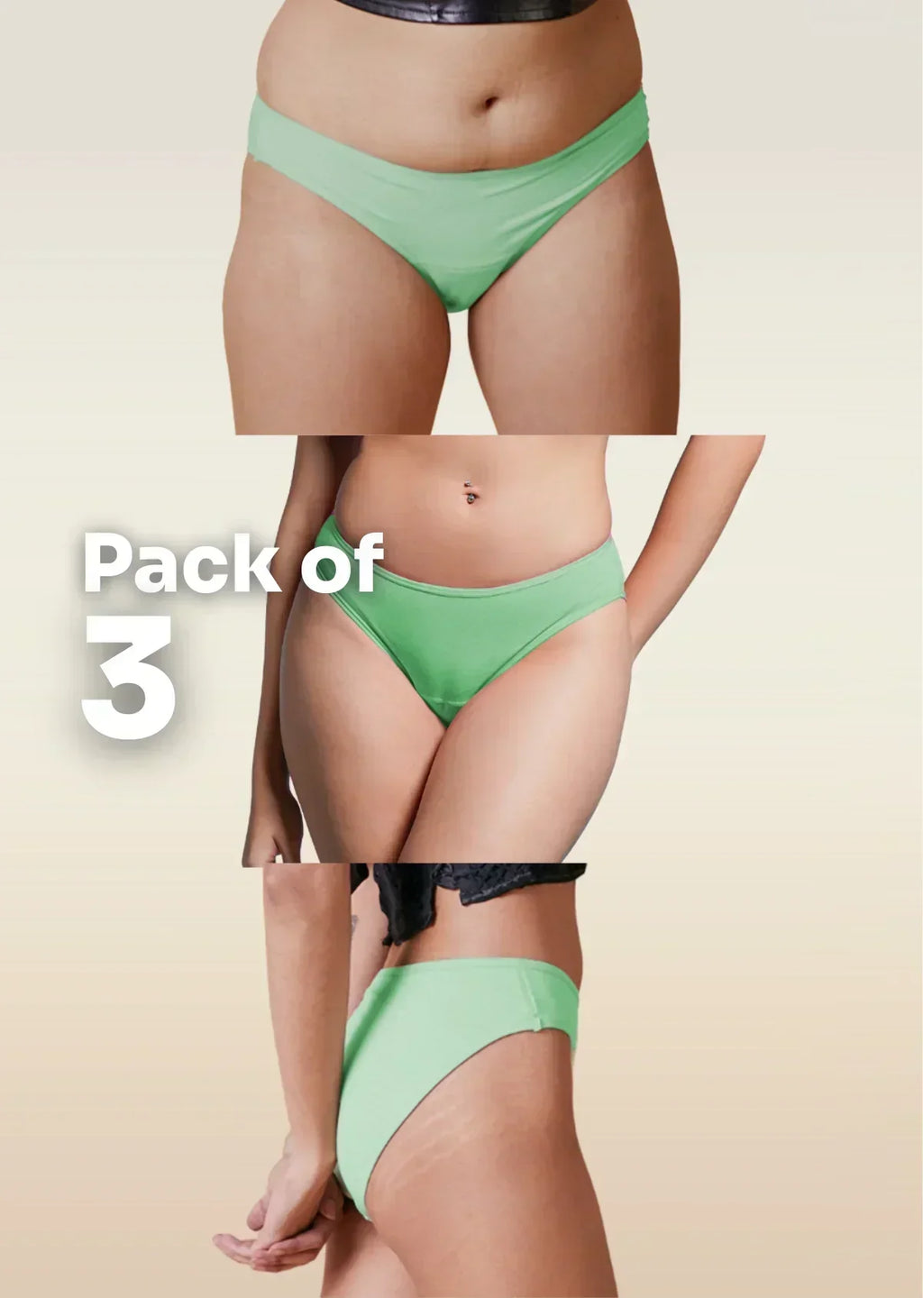 Green underwear with 'Pack of 3' text on a beige background