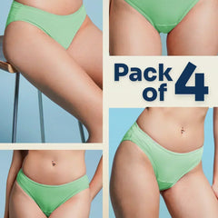 Green underwear pack of 4 advertisement with a person wearing the underwear against a light blue background.