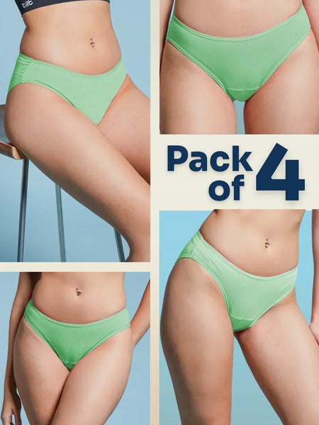 Green underwear pack of 4 advertisement with a person wearing the underwear against a light blue background.