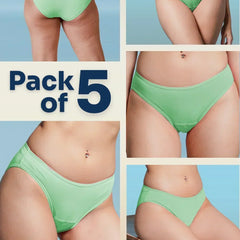 Green underwear pack of 5 advertisement with multiple angles on a blue background