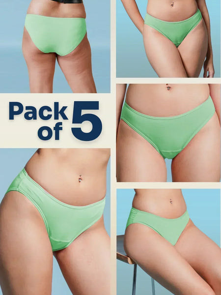 Green underwear pack of 5 advertisement with multiple angles on a blue background