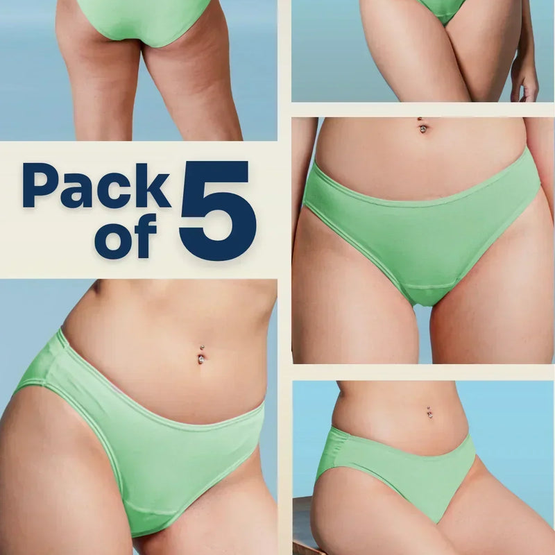 Green underwear pack of 5 advertisement with multiple angles on a blue background