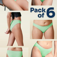 Green underwear pack of 6 advertisement with multiple views on a beige background