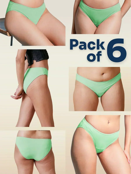 Green underwear pack of 6 advertisement with multiple views on a beige background