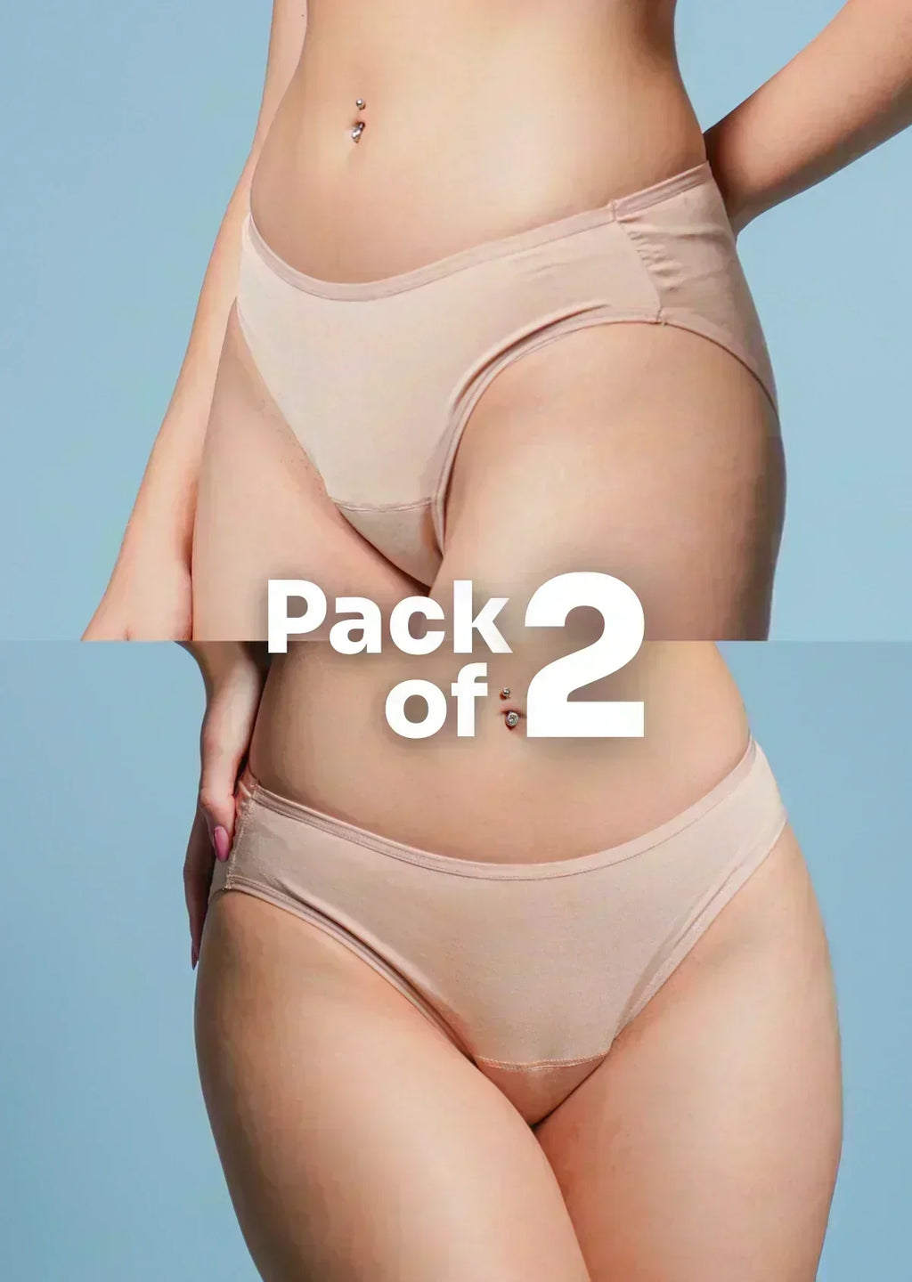 two-panel collage showing beige Low-waist Underwear with a "Pack of 2" text overlay.