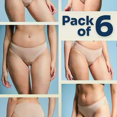 Collage of a person wearing beige underwear with 'Pack of 6' text on a blue background.