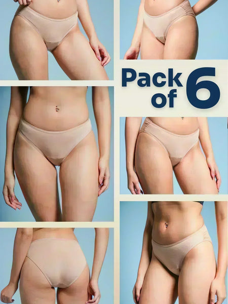 Collage of a person wearing beige underwear with 'Pack of 6' text on a blue background.