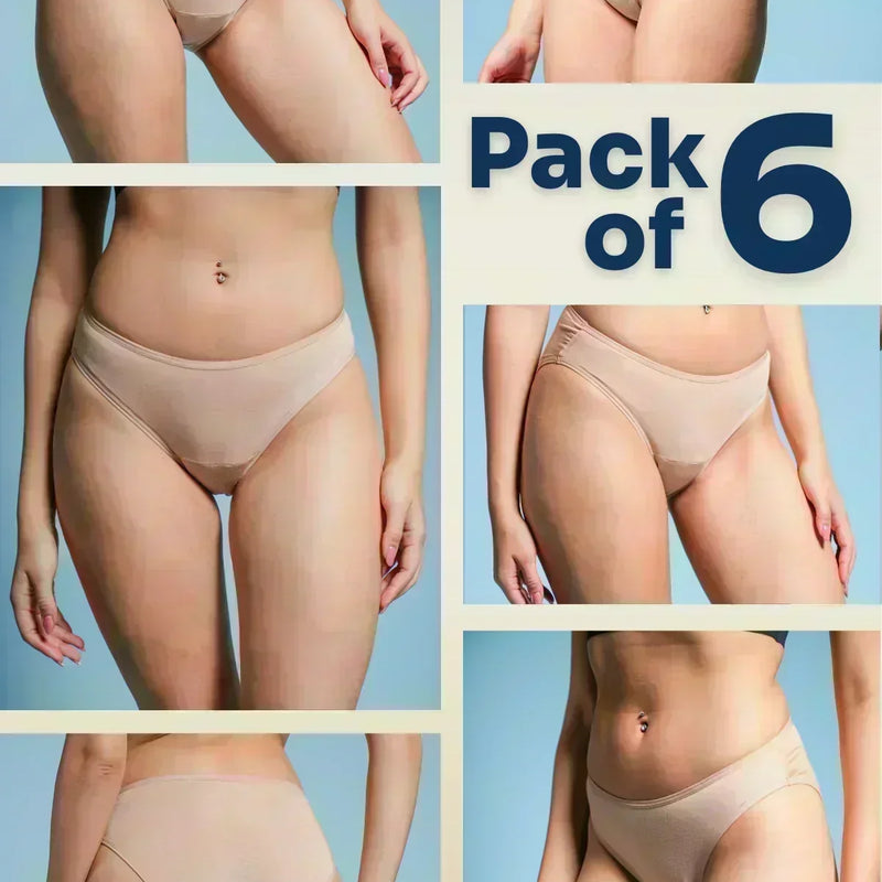 Collage of a person wearing beige underwear with 'Pack of 6' text on a blue background.
