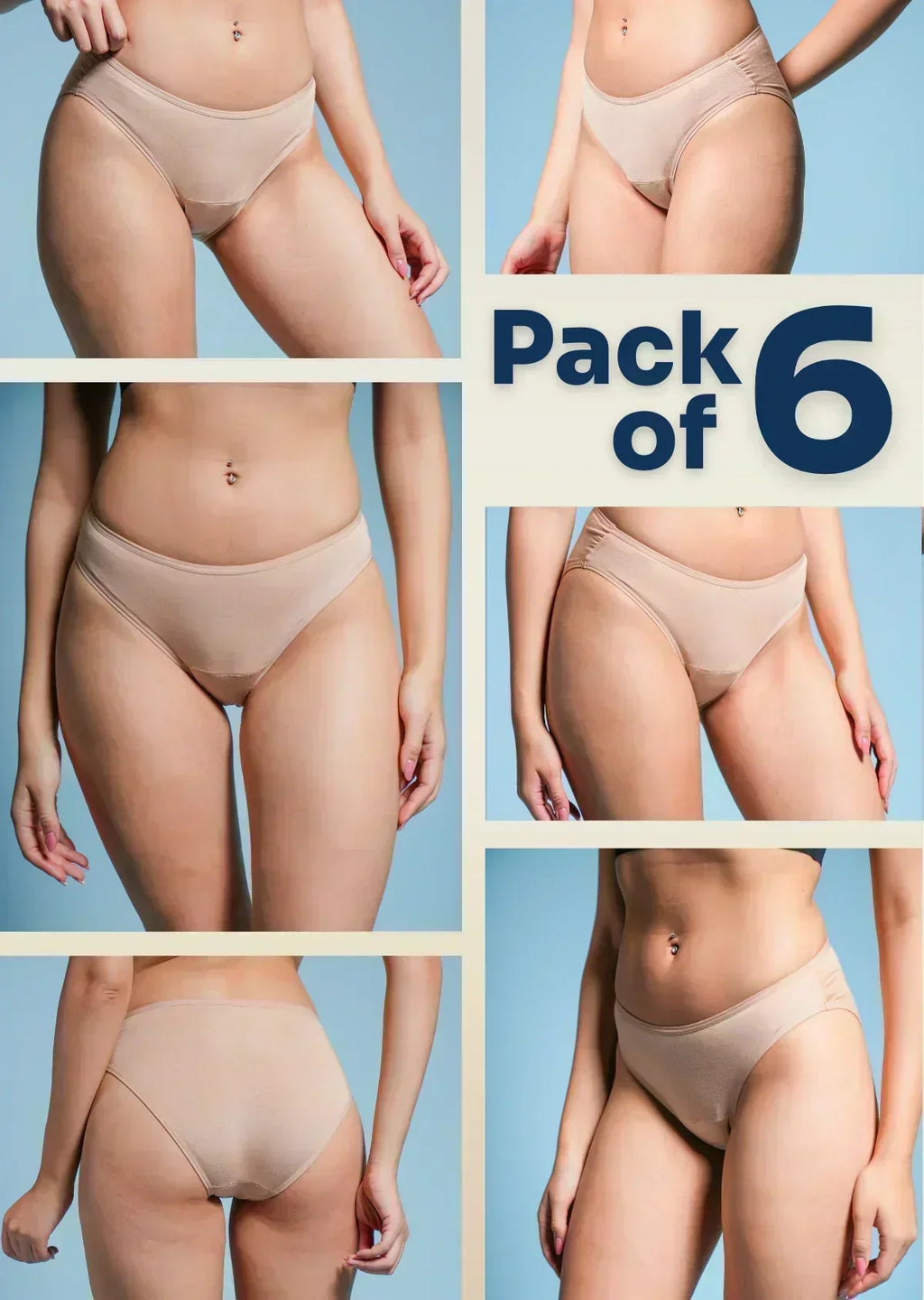 Collage of a person wearing beige underwear with 'Pack of 6' text on a blue background.