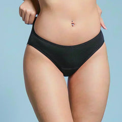 Person wearing black underwear on a light blue background