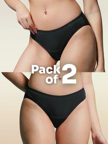 Two black underwear pairs displayed on a beige background with 'Pack of 2' text.