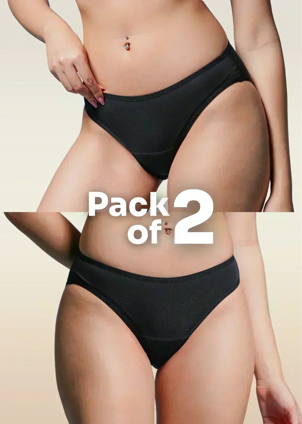 Two black underwear pairs displayed on a beige background with 'Pack of 2' text.