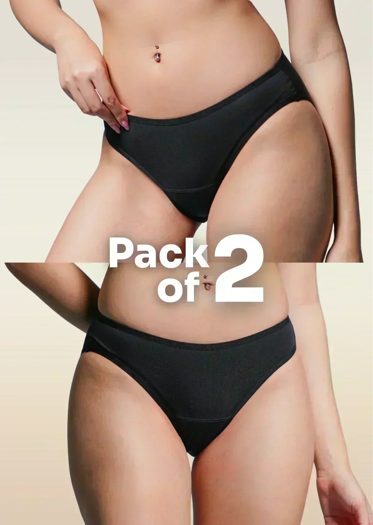 Two black underwear pairs displayed on a beige background with 'Pack of 2' text.