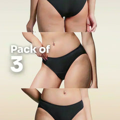 Three views of black underwear with 'Pack of 3' text on a beige background