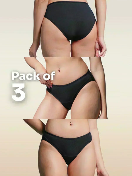 Three views of black underwear with 'Pack of 3' text on a beige background