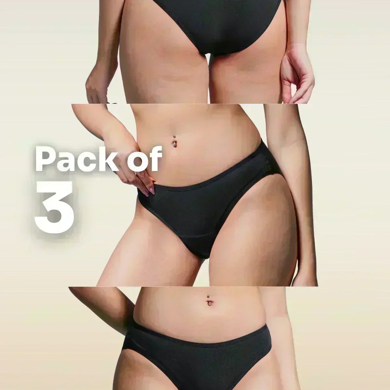 Three views of black underwear with 'Pack of 3' text on a beige background