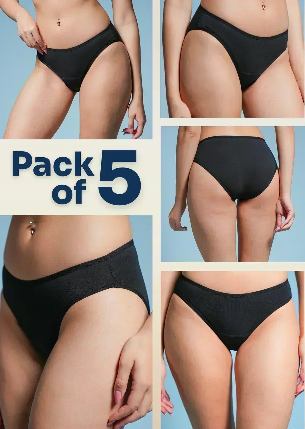 Five-panel collage showing black low-waist briefs with a large "Pack of 5" text overlay.