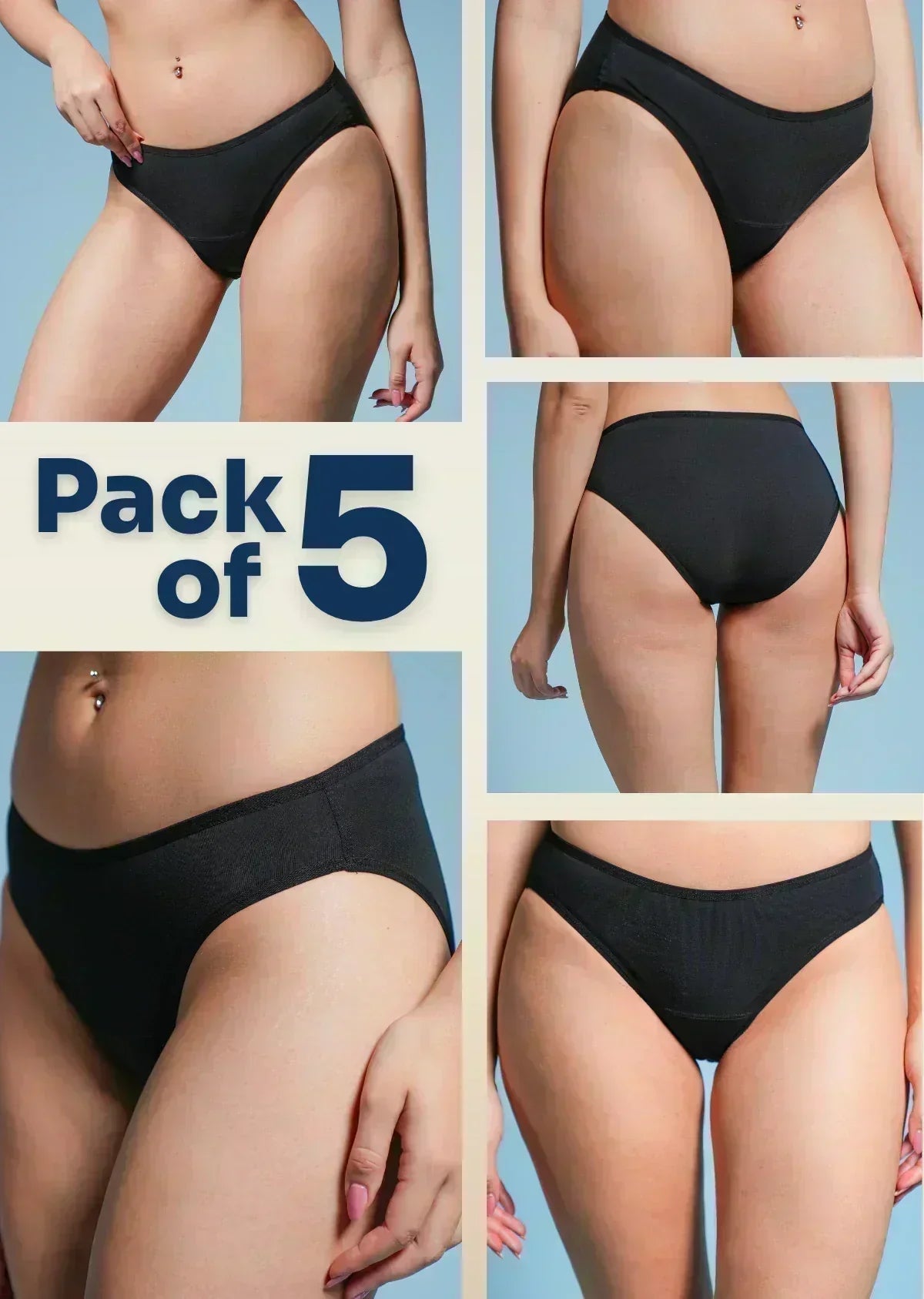 Five-panel collage showing black low-waist briefs with a large "Pack of 5" text overlay.