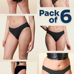 Collage of black underwear on a beige background with 'Pack of 6' text.