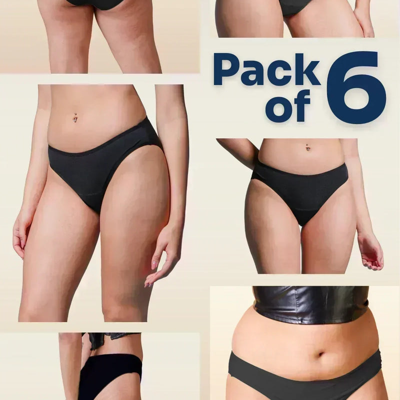 Collage of black underwear on a beige background with 'Pack of 6' text.