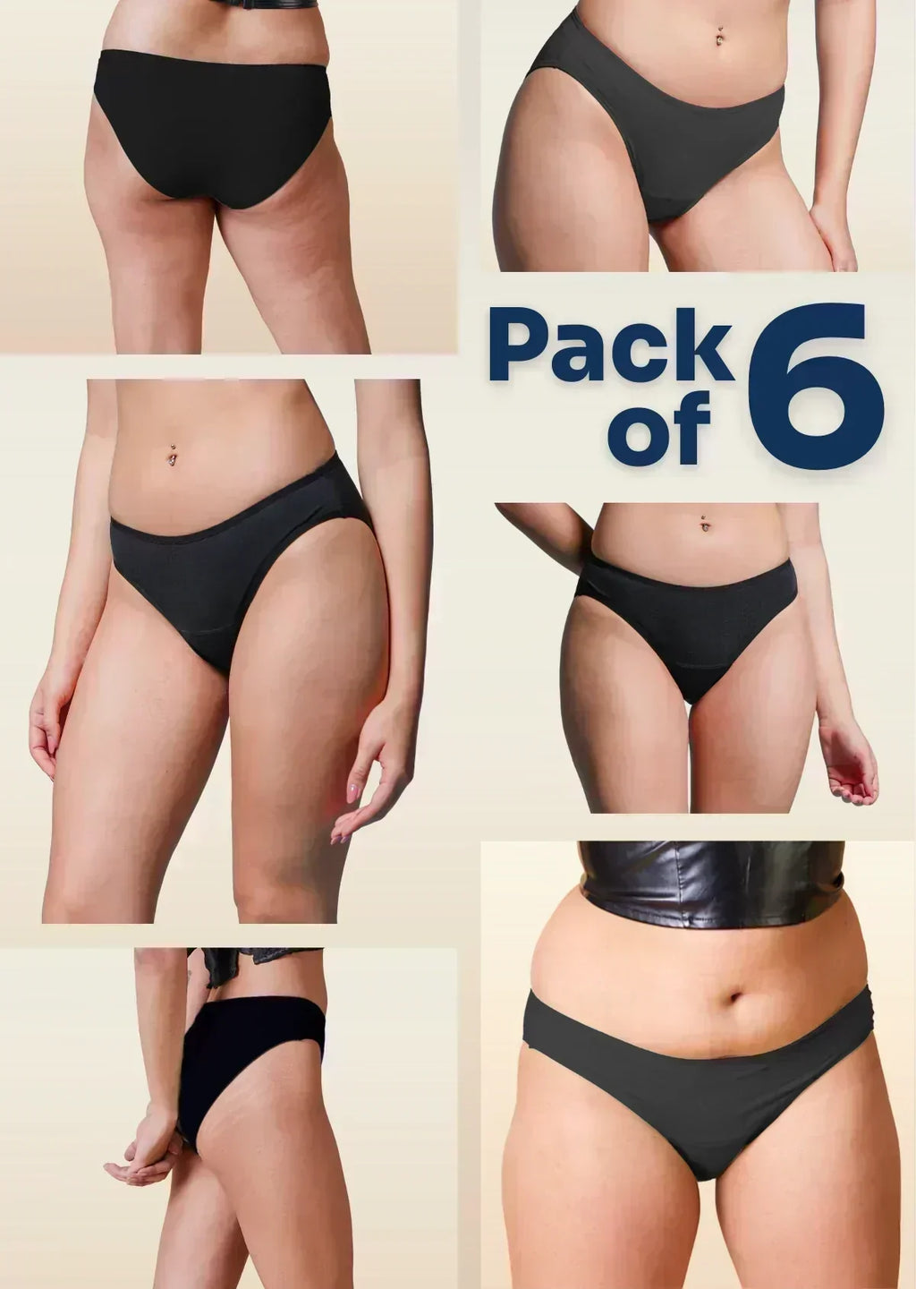 Collage of black underwear on a beige background with 'Pack of 6' text.