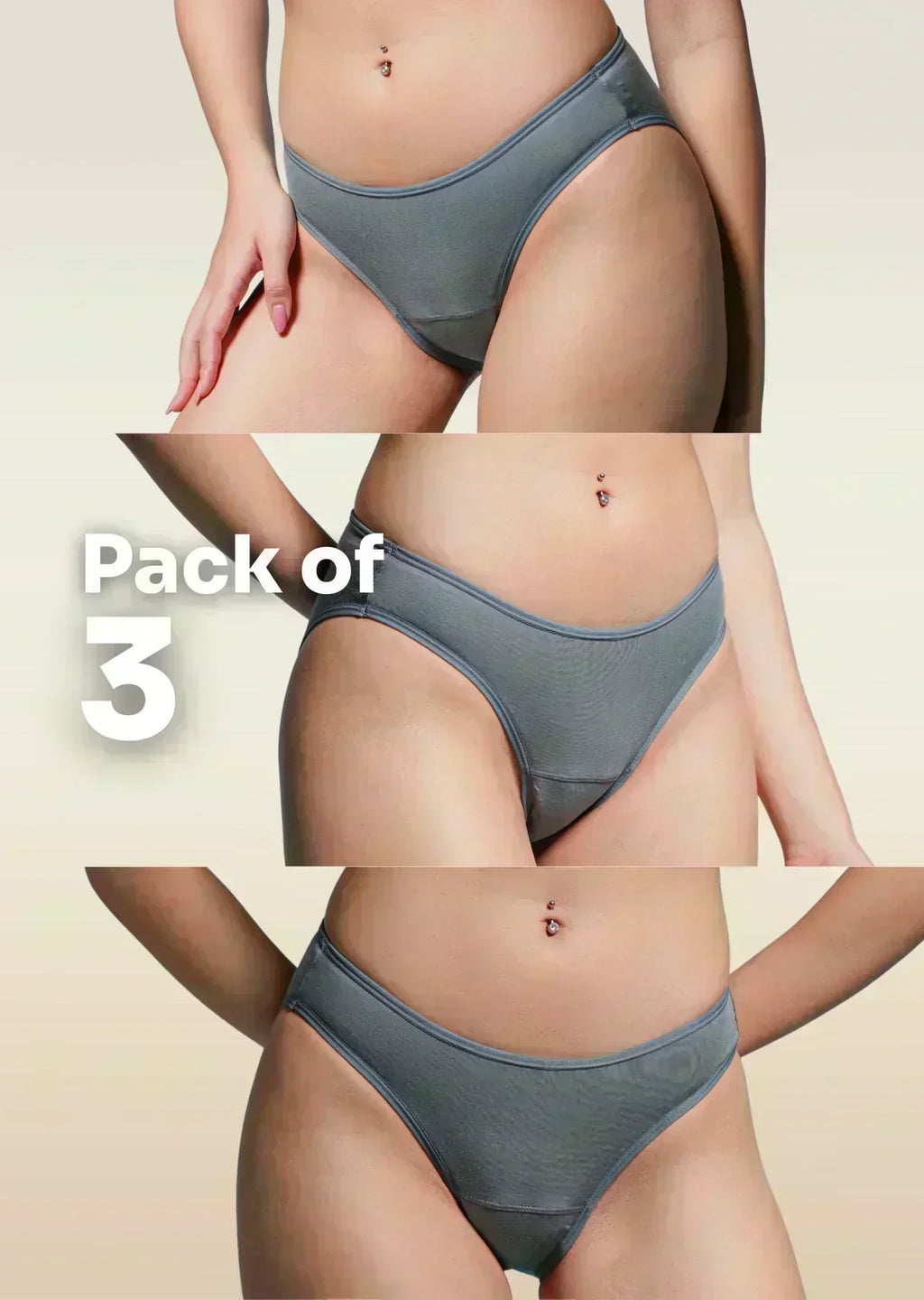 Collage of grey underwear on a beige background with 'Pack of 3' text.