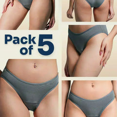 Collage of grey underwear on a beige background with 'Pack of 5' text.