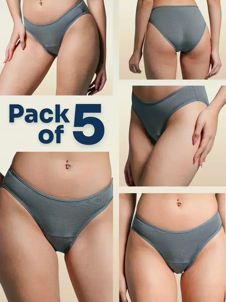 Collage of grey underwear on a beige background with 'Pack of 5' text.