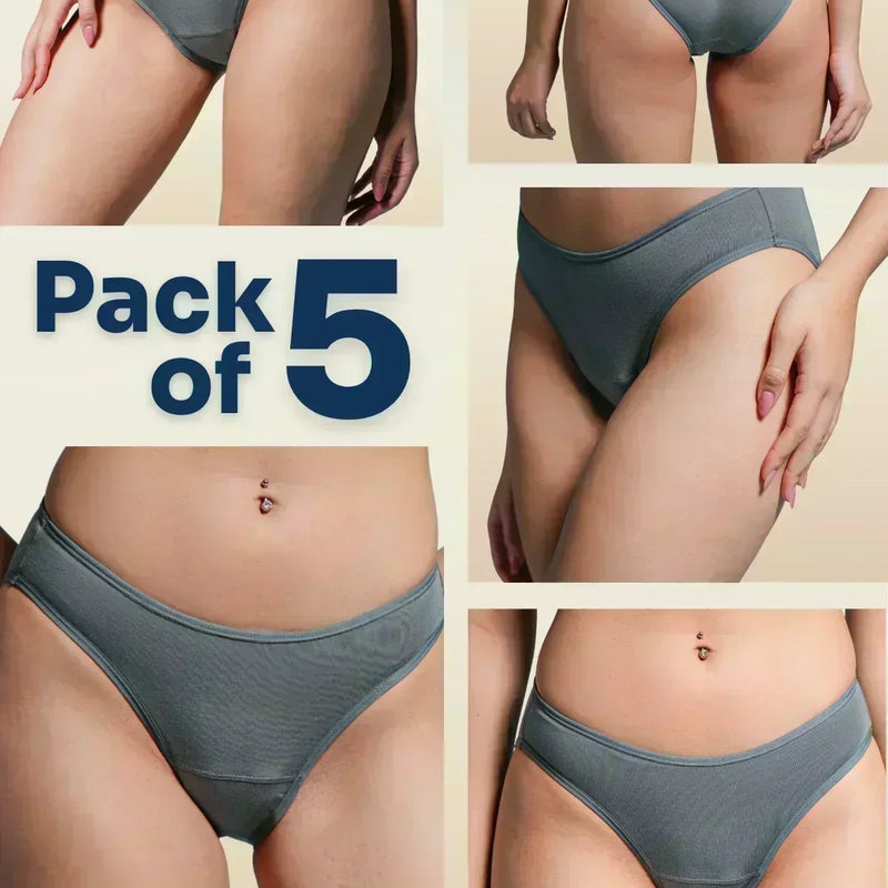 Collage of grey underwear on a beige background with 'Pack of 5' text.