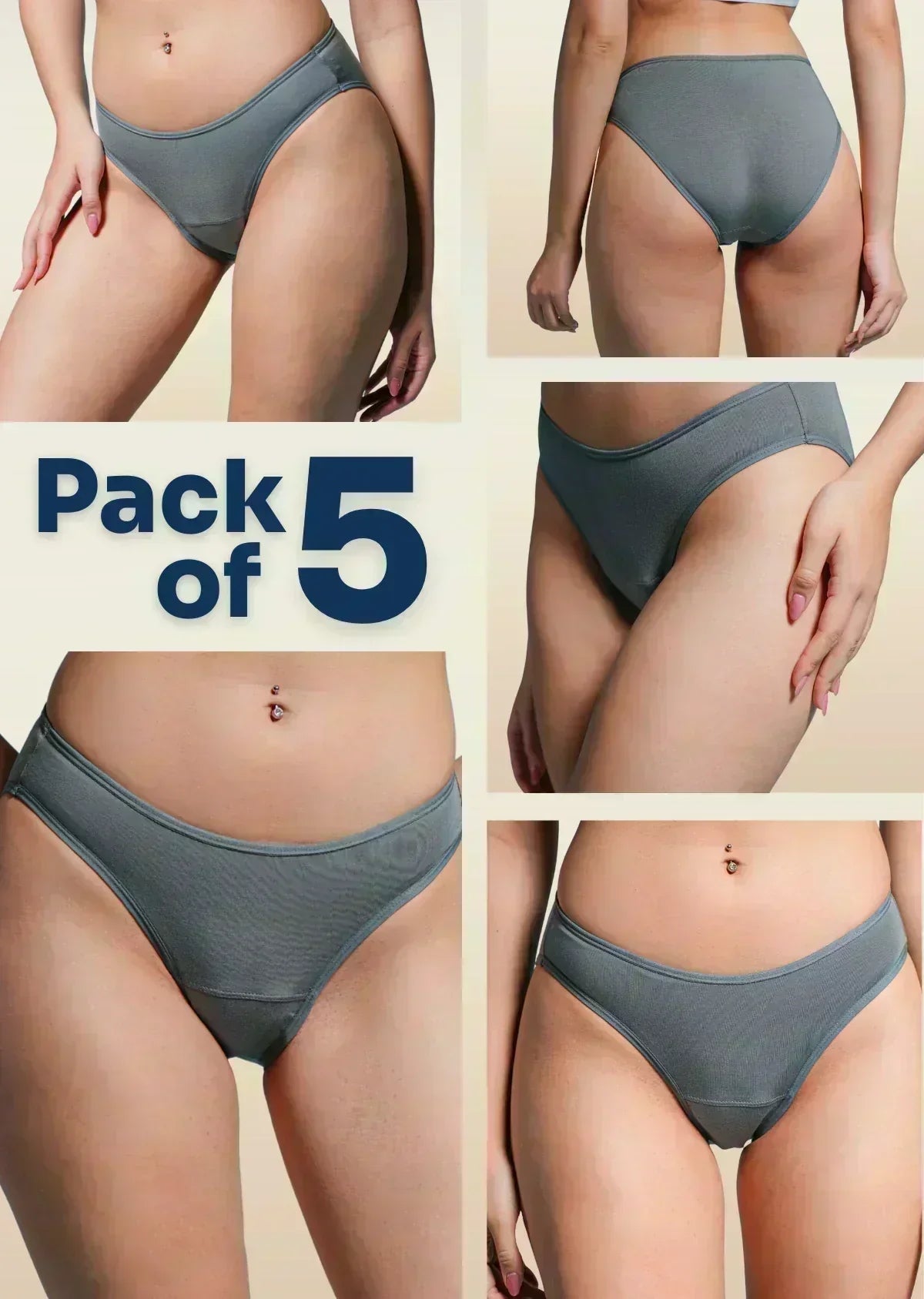 Collage of grey underwear on a beige background with 'Pack of 5' text.