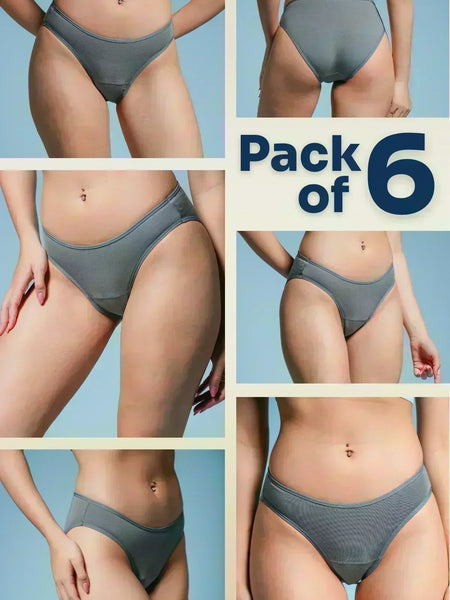 Collage of grey underwear on a blue background with 'Pack of 6' text.