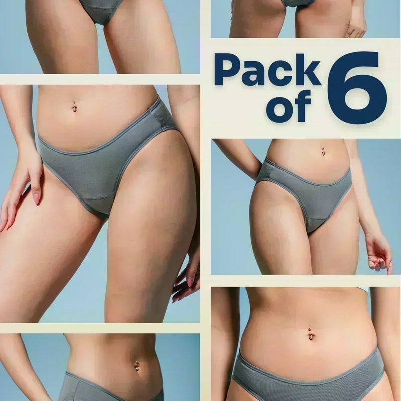 Collage of grey underwear on a blue background with 'Pack of 6' text.