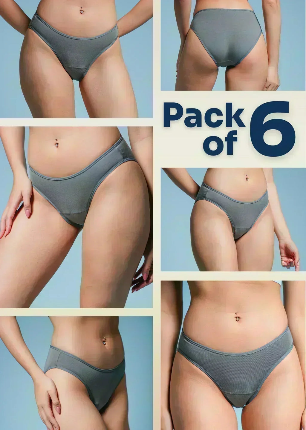 Collage of grey underwear on a blue background with 'Pack of 6' text.