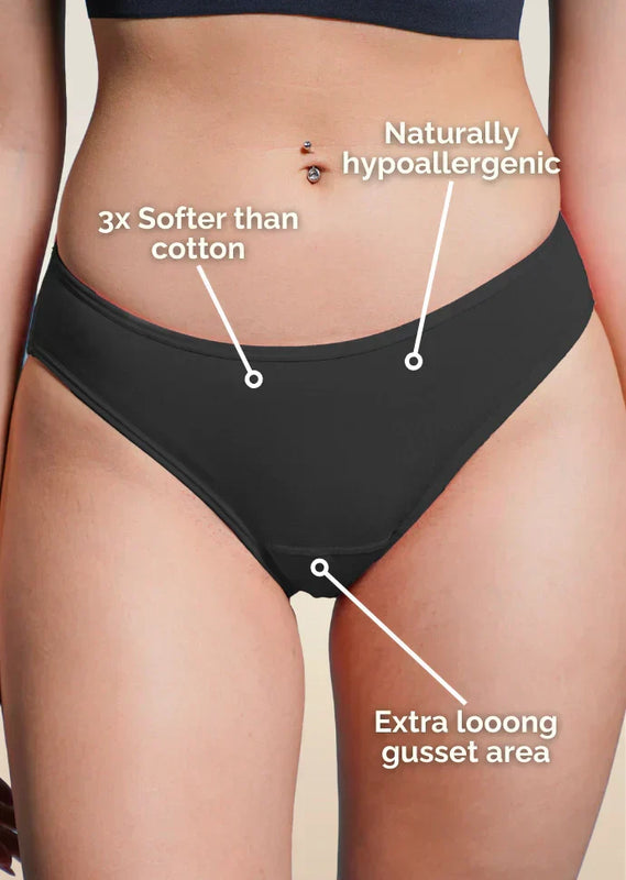 Black underwear with text highlighting features on a beige background
