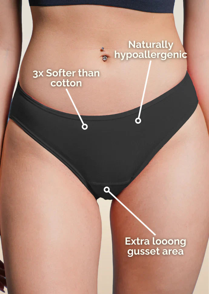Black underwear with text highlighting features on a beige background