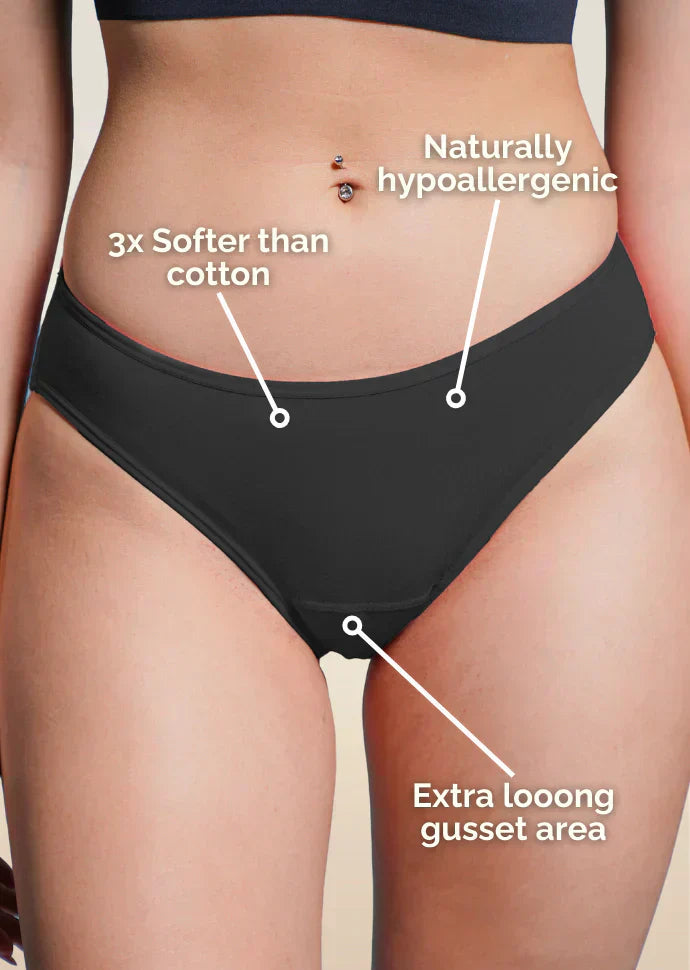 Black underwear with text highlighting features on a beige background
