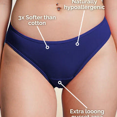 Navy blue underwear with text highlighting features on a beige background