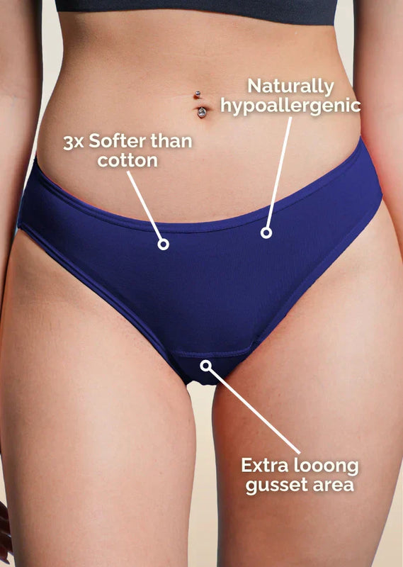 Navy blue underwear with text highlighting features on a beige background