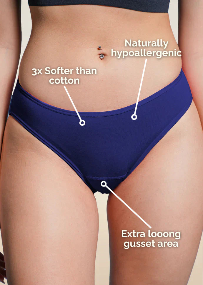 Navy blue underwear with text highlighting features on a beige background
