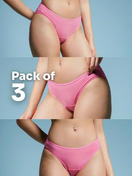 Collage of pink underwear on a blue background with 'Pack of 3' text.