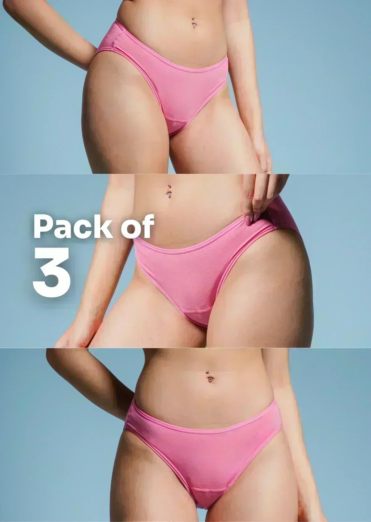 Collage of pink underwear on a blue background with 'Pack of 3' text.